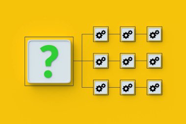 Düğmelerdeki dişliler ve soru işareti. Endüstri hiyerarşisi. Bitkiler, fabrikalar ağı. Ana üretim tesisleri. Tedarikçi seçimi. Ortaklık ve liderlik. 3d hazırlayıcı