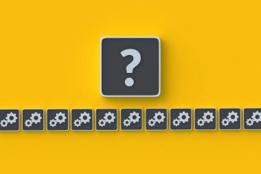 Çözüm endüstriyel problem konsepti. Soru işareti ve düğmelerdeki dişliler. Piyasa monopolizasyonu. Ebeveyn şirketi. Ortaklık ve işbirliği. Yenilikçi ürünlerin geliştirilmesi. 3d hazırlayıcı