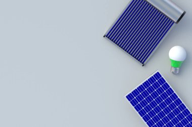 Solar su ısıtıcısı ve batarya, elektrik ampulü. Yenilenebilir enerji kavramı. Üst Manzara. 3d hazırlayıcı