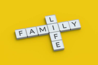 Metalik düğmelerden yapılmış çapraz bulmacada aile hayatı. Yaşam tarzı konsepti. Problem çözümü. Ahenkli balonlar. Sosyal ilerleme. 3d hazırlayıcı