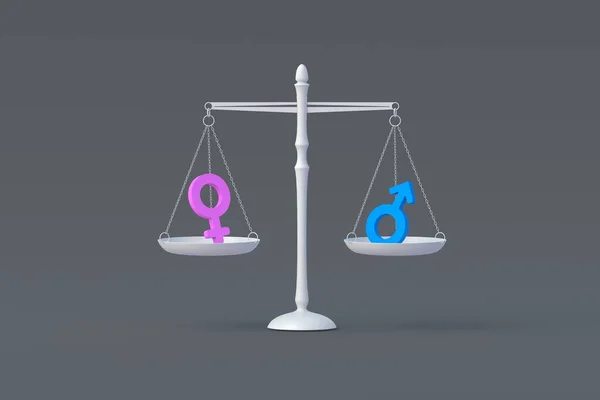 The concept of gender equality. Compliance with male and female solidarity. Violation of the rights of men or women. Gender symbols on cubes near equal sign. 3d render