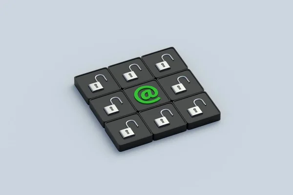 对应的安全 打开对邮件的访问 容易受到网络攻击 私人信息 按钮上的电子邮件符号和挂锁 垃圾保护的概念 3D渲染 — 图库照片