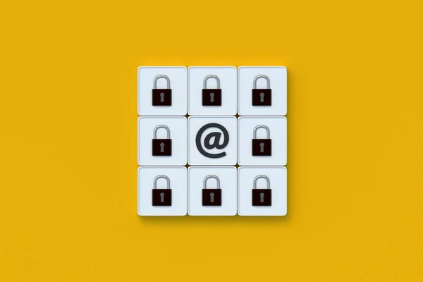 垃圾保护的概念 对应的安全 关闭邮件的访问权限 网络攻击 被冻结的帐户 私人信息 电子邮件符号和挂锁按钮 3D渲染 — 图库照片