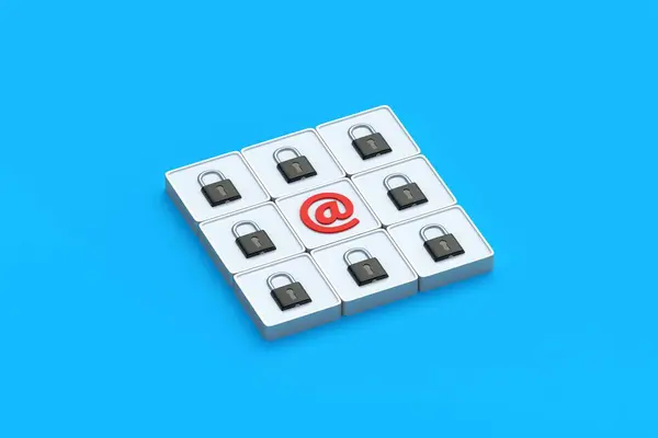 电子邮件符号和挂锁按钮 垃圾保护的概念 对应的安全 关闭邮件的访问权限 网络攻击 被冻结的帐户 私人信息 3D渲染 — 图库照片