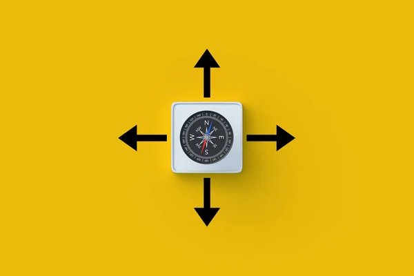 Comprehensive development. Direction selection concept. Choosing a future path. Success way. Button with compass near arrows. 3d render