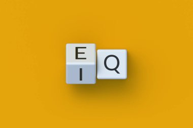 Kişisel yetenekler konsepti. Zeka katsayısı. Duygusal niceliği var. Mantıklı bir test. Psikolojik kontrol. Beyin kapasitesi. Küpler üzerinde IQ ve EQ kelimeleri. 3d hazırlayıcı