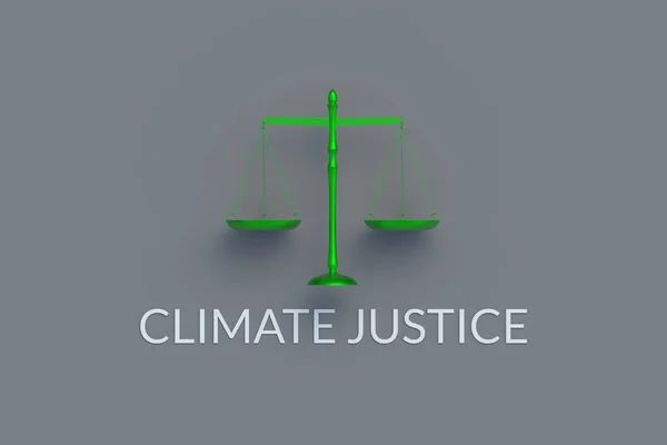 Words climate justice, scales. Ecological crisis concept. Control of natural resource extraction. Environmental regulation. Ecology balance. Rules for emission of harmful substances. 3d render