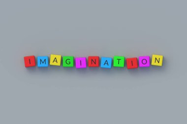 Word imagination on colorful cubes. Fantasy concept. Creative idea. 3d render clipart