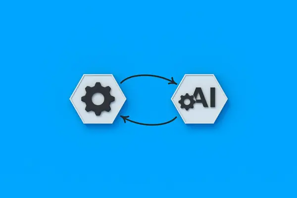创新概念 智能技术 用人工智能代替机械工作 现代化和自动化 靠近箭头的六边形上的Cogwheel和Ai工业图标 3D渲染 — 图库照片