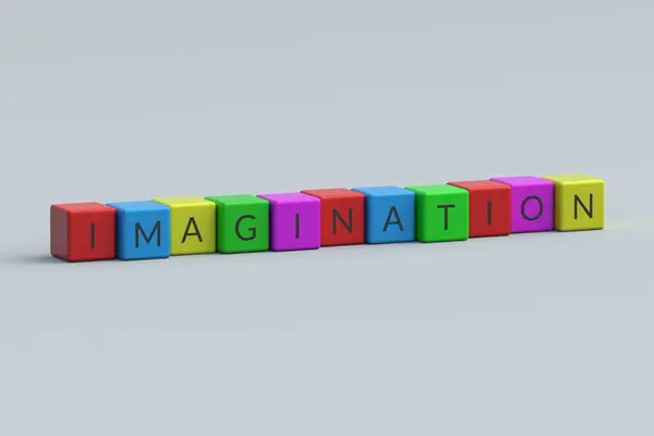 Φανταστική Ιδέα Δημιουργική Ιδέα Φαντασία Λέξεων Πολύχρωμους Κύβους Απόδοση — Φωτογραφία Αρχείου