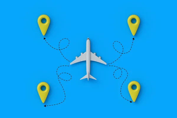 选择度假的地方 民航条例 环游世界 国际航空公司 受欢迎的旅游目的地 飞机和地球定位标志 3D渲染 — 图库照片