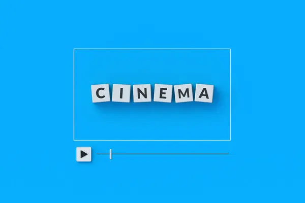 キューブのワードシネマ フィルムコレクション ビデオプレーヤー オンライン映画コンセプト 新しい写真 3Dレンダリング — ストック写真