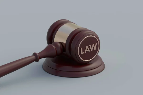 Judicial system concept. Symbol of justice. Law practice. Punishment and responsibility. Protection of rights. Legalization of products and goods. Word law on the judge gavel. 3d render