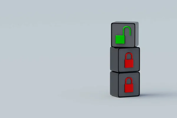 Declassified data. Open database. Password hacking. Security system vulnerability. Problem solving. Free access. Firewall bypass. Green padlock on closed red locks on cubes. 3d render