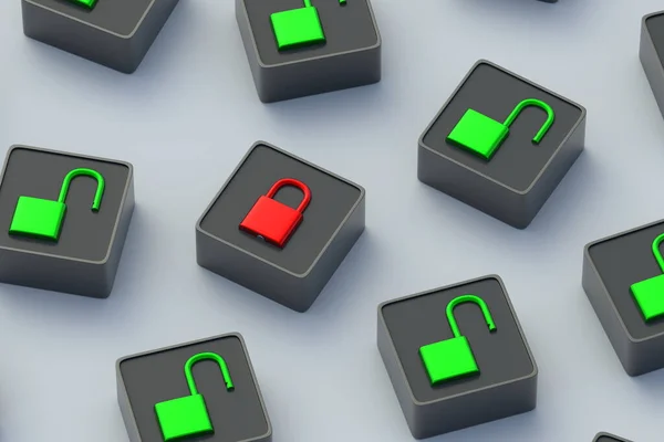 Personal data protection. Closed access. Reliable security system. Preventing information leakage. Unsuccessful hack. Database encryption. Red and green padlocks on scattered buttons. 3d render