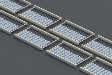 Gri arka planda bir sıra abaküs. Anaokulu eğitimi. İş ve finans kavramı. Temel matematik dersi. Okulda matematik dersi. Denge hesaplaması. 3d hazırlayıcı