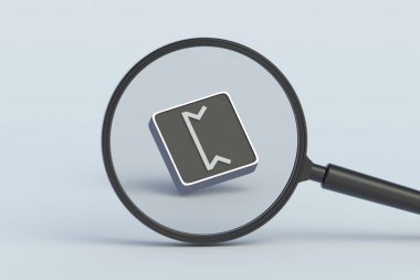 Büyüteç arkasındaki düğmede Perthro rünü var. Eski Alman alfabesi. Mistik sembol. İskandinav gemisi. Okült işareti. Eski bir İskandinav mektubu. 3d hazırlayıcı