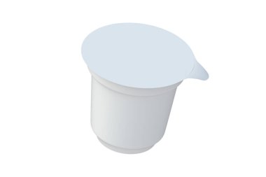 Beyaz arka planda izole edilmiş yoğurt, tatlı ya da peynir için plastik kap. Süt ürünleri için ambalaj. Dondurma için boş tek kullanımlık kavanoz. 3d hazırlayıcı
