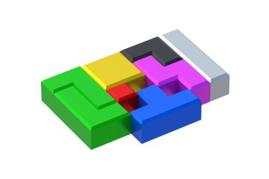 Beyaz arkaplanda izole edilmiş oyun için geometrik bloklar. Bulmaca için oyuncak tuğlalar. Mantıklı düşün. İnşaat küpleri. Retro bulmaca. 3d hazırlayıcı