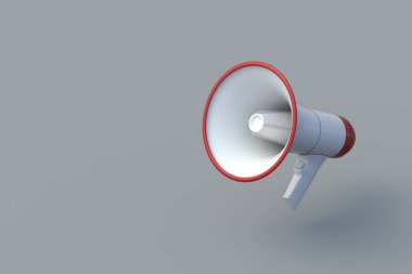 Gri arka planda megafon var. Reklam ve dağıtım. Yeni bir etkinliği duyuruyorum. İlham verici bir konuşma. Protesto çağrısı. Tehlike uyarısı. İndirim ve satış konsepti. Uzayı kopyala 3d hazırlayıcı