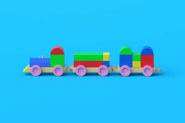 Stacking locomotive. Wooden toy train with colorful blocks on blue background. Preschool education. Vintage game for kids. 3d render