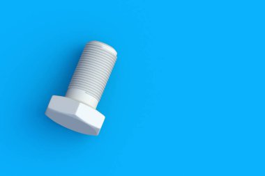 Mavi arka planda plastik cıvata. İnşaat malzemeleri. Endüstriyel ekipman Atölyedeki aletler. Üst Manzara. Uzayı kopyala 3d hazırlayıcı