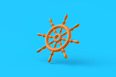 Mavi arka planda düşen gemi çarkı. Teknenin ahşap direksiyonu. Denizci navigasyonu. Eski bir nesne. Macera ve yolculuk. 3d hazırlayıcı