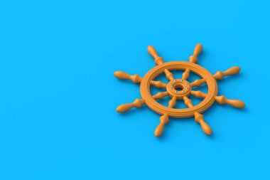 Mavi arka planda bir gemi tekeri. Teknenin ahşap direksiyonu. Denizci navigasyonu. Eski bir nesne. Macera ve yolculuk. Uzayı kopyala 3d hazırlayıcı