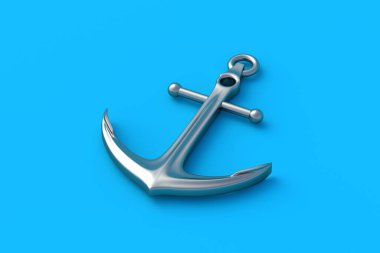 Mavi arka planda metal çapa. Denizcilik konsepti. Seyahat ve seyahat. Deniz donanımı. 3d hazırlayıcı