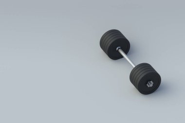 Halter gri arka planda. Spor eğitimi. Fiziksel egzersiz. Vücut geliştirme ve ağırlık kaldırma. Spor aletleri. Uzayı kopyala 3d hazırlayıcı