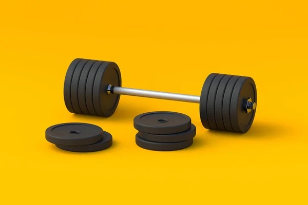 Barbell on orange background. Sports training. Physical exercise. Bodybuilding and powerlifting. Gym equipment. 3d render