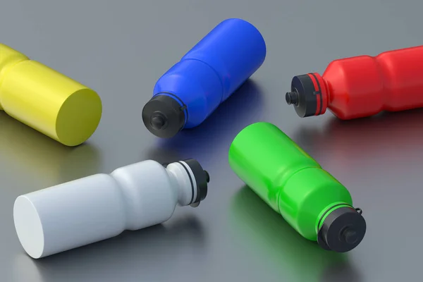 Scattered sport water bottles with reflection. Equipment for gym or travel. Bike accessories. Drink for fitness. Thirst quencher beverage. 3d render