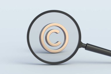 Copyright sign behind magnifying glass. 3d render clipart