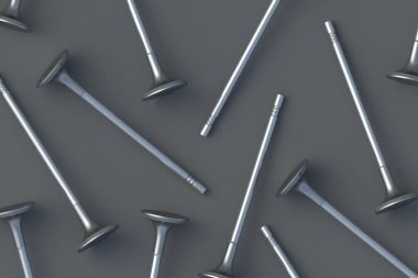 Bir sürü motor vanası. Otomotiv parçaları. Yedek detay. Araba ya da motosiklet bakımı. Motor tamiri. Üst Manzara. 3d hazırlayıcı