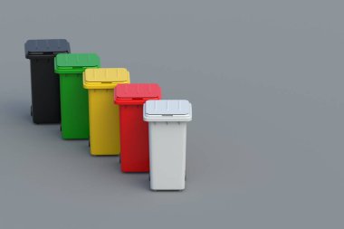 Renkli geri dönüşüm kutuları. Plastik çöp tenekeleri. Atık toplama. Çöp konteynerleri. Farklı çöpler için çöp kutuları. Çöp kutuları. Uzayı kopyala 3d hazırlayıcı