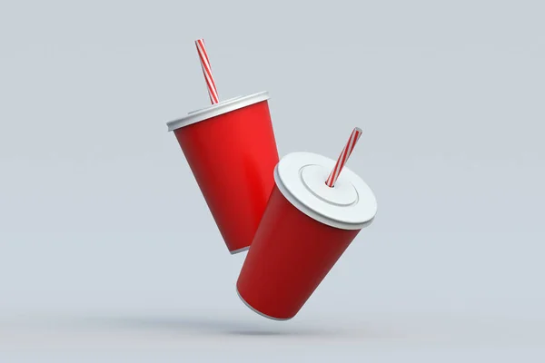 Falling disposable cups for beverages with straw. Plastic or paper package for soda drink. Cinema accessories. 3d render