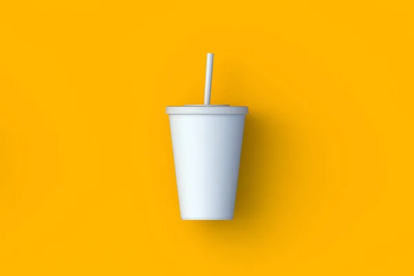 White disposable cup for beverages with straw. Plastic or paper package for soda drink. Cinema accessories. Top view. 3d render