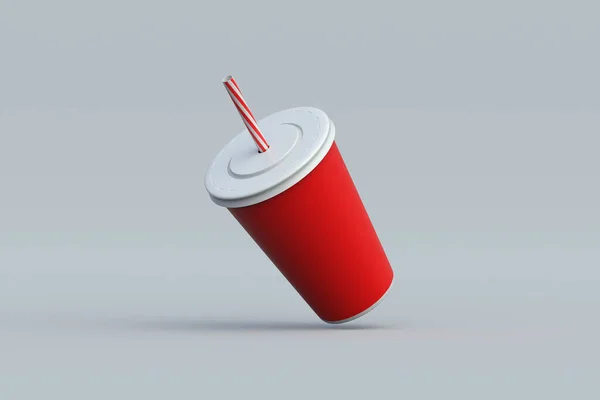 Falling disposable cup for beverages with straw. Plastic or paper package for soda drink. Cinema accessories. 3d render