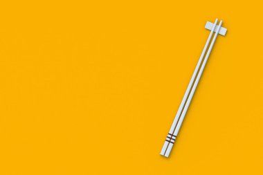 Porselen tutacağında tahta çubuklar. Asya kültürü. Bambu çubukları. Doğulu sofra takımı. Üst Manzara. Uzayı kopyala 3d hazırlayıcı