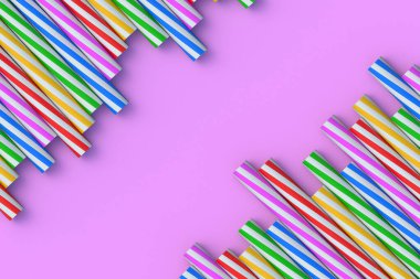 Çevre dostu şeritli kağıt pipetler. Kokteyller için şölen aksesuarları. Parti malzemeleri. İçecekler için sert tüp. Uzayı kopyala 3d hazırlayıcı