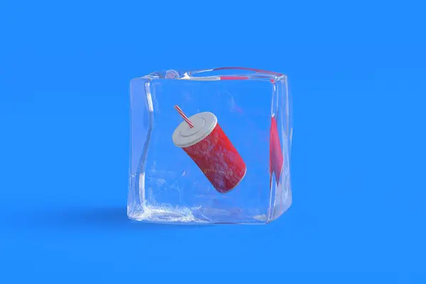 Soda cup in ice cube. 3d illustration