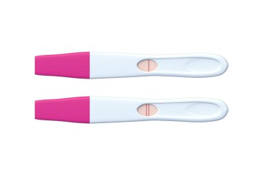 Hamilelik testi beyaz arka planda izole edildi. Olumlu ve olumsuz sonuçlar. Üst Manzara. 3d hazırlayıcı