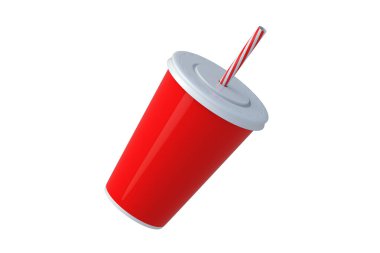 Soda için tek bardak, beyaz arka planda saman var. Soğuk içecekler. 3d hazırlayıcı