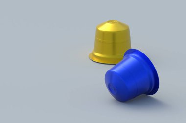 Gri arka planda kahve kapsülleri. Makine için modern kafeinsiz kapsüller. Uzayı kopyala 3d hazırlayıcı