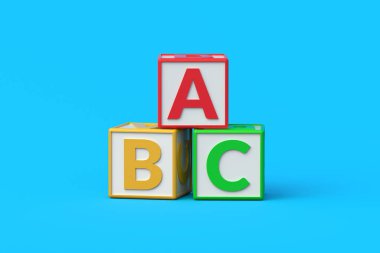 Mavi arka planda ABC küpleri yığını. Okul öncesi eğitim için harf blokları. Alfabeyi öğreniyorum. 3d hazırlayıcı
