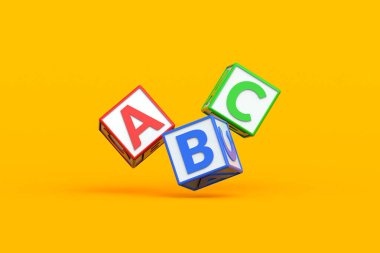 Sarı arka planda ABC küpleri düşüyor. Okul öncesi eğitim için harf blokları. Alfabeyi öğreniyorum. 3d hazırlayıcı