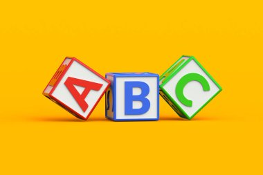 Sarı arka planda renkli ABC küpleri. Okul öncesi eğitim için harf blokları. Alfabeyi öğreniyorum. 3d hazırlayıcı