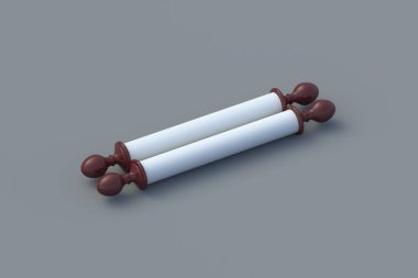 Gri arkaplan üzerine kapalı bir kağıt tomarı. Boş antik el yazması. Boş antika parşömen. Tarihi bir belge. Orta çağ sertifikası. 3d hazırlayıcı