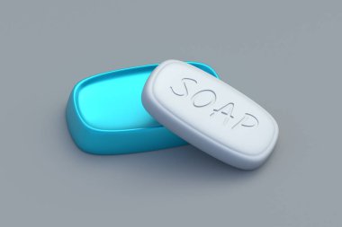 Gri arka plandaki kutunun yanındaki sabun çubuğu. Çamaşır aksesuarları. El yapımı antibakteriyel ajan. Temizlik ve hijyen. 3d hazırlayıcı