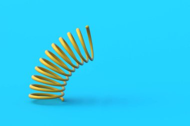 Mavi arka planda kıvrımlı metal yayı. Esneklik teli. Bükülmüş çelik bobinler. Otomobil parçaları. Araba bakımı için aksesuarlar. Uzayı kopyala 3d hazırlayıcı